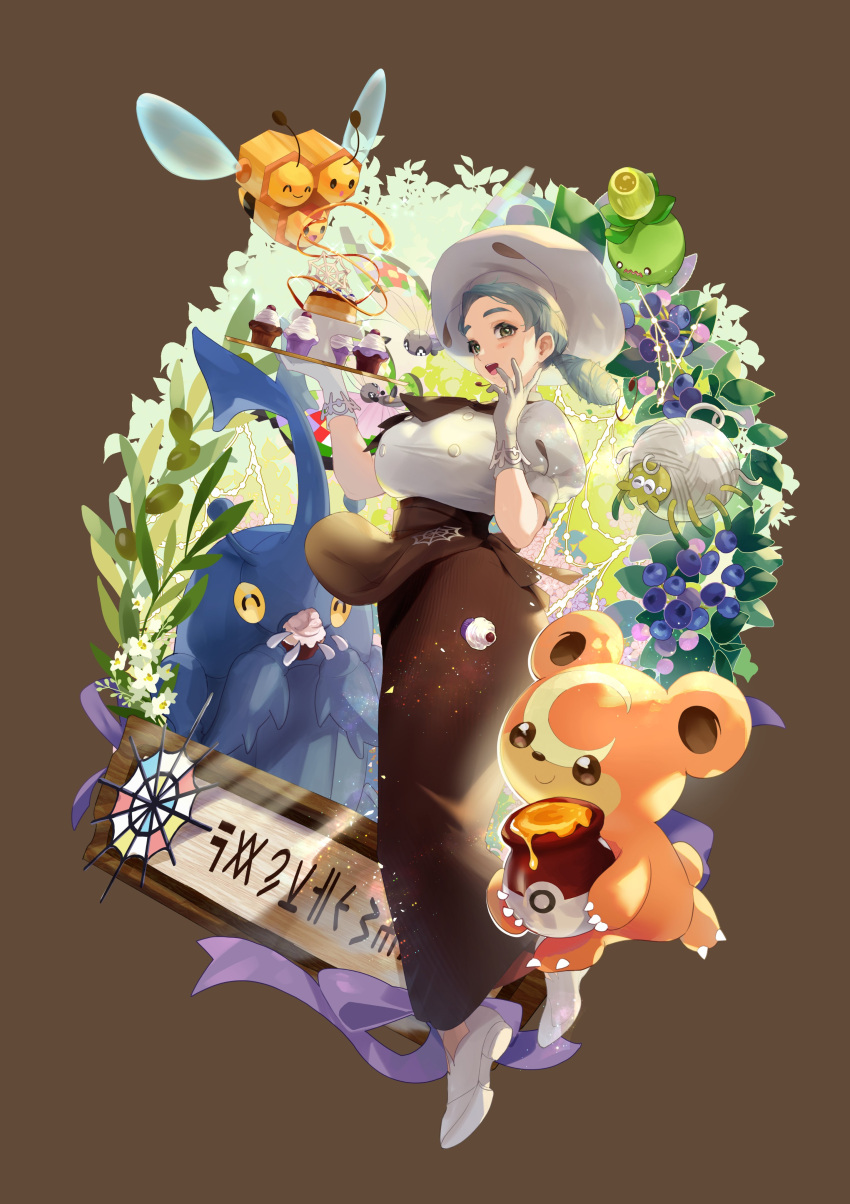 1girl :d absurdres apron ascot breasts brown_apron brown_ascot brown_skirt buttons combee commentary_request cupcake food gloves green_hair hands_up hat heracross highres holding holding_tray katy_(pokemon) mole open_mouth pokemon pokemon_(creature) pokemon_(game) pokemon_sv puffy_sleeves sapphire_ethu shirt shoes short_sleeves skirt smile smoliv tarountula teddiursa tray waist_apron white_footwear white_gloves white_headwear white_shirt