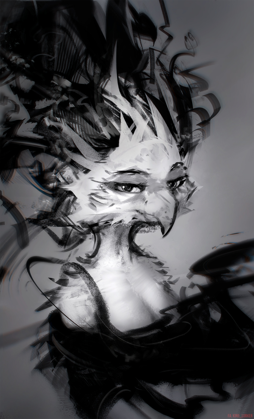 abstract_art absurd_res anthro avian beak bird black_and_white breasts chaos cloak clothing digital_media_(artwork) feathers female hair hi_res kind_lurker long_hair looking_at_viewer mantle monochrome portrait simple_background smile solo three-quarter_portrait