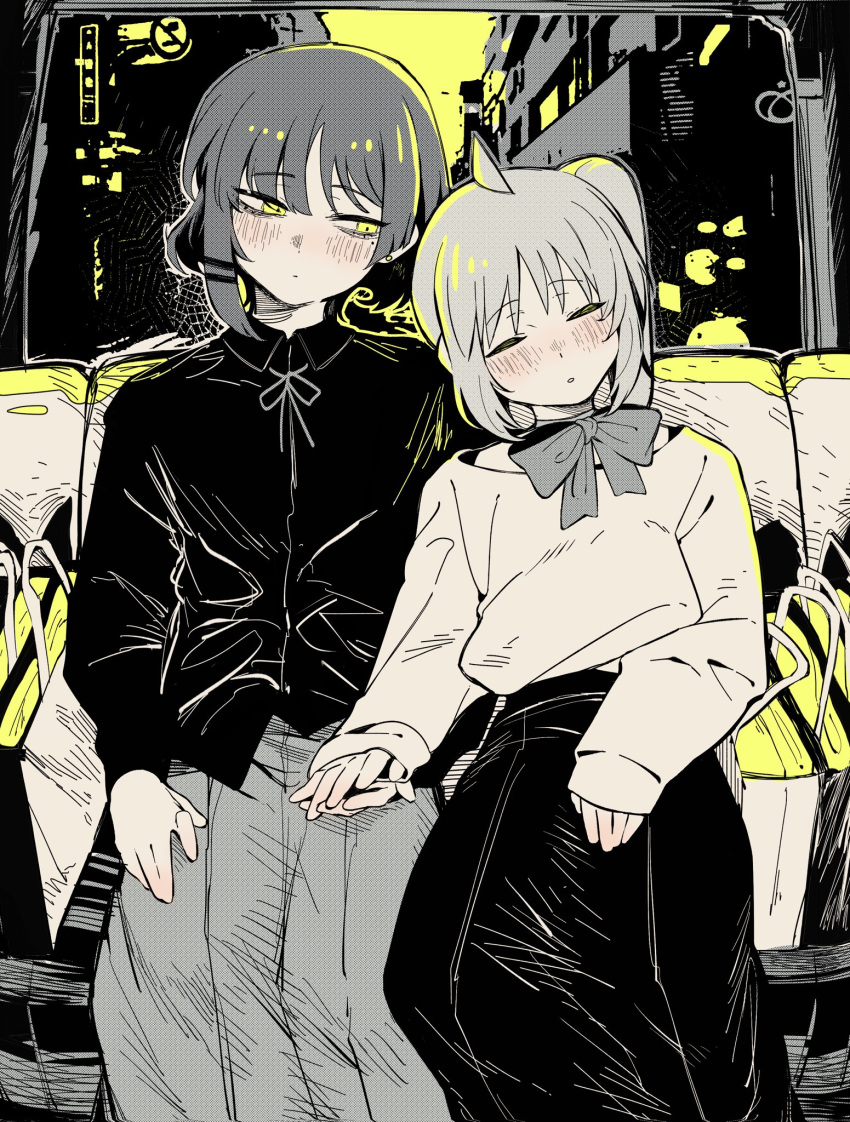 2girls ahoge asymmetrical_sidelocks backlighting bag blush bocchi_the_rock! bow_choker car_interior closed_eyes closed_mouth collared_shirt commentary_request earrings feet_out_of_frame greyscale half-closed_eyes halftone head_on_another's_shoulder head_tilt highres holding_hands ijichi_nijika jewelry kakult2017 long_hair long_skirt looking_at_another mole mole_under_eye monochrome multiple_girls neck_ribbon parted_lips ribbon shirt shopping_bag short_hair side_ponytail sideways_glance sitting skirt sleeping sleeves_past_wrists spot_color stud_earrings taxi yamada_ryou yellow_eyes yuri