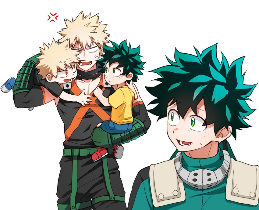 4boys anger_vein angry aqua_bodysuit aqua_hair baggy_pants bakugou_katsuki bare_shoulders belt black_mask black_pants black_shirt black_tank_top blank_eyes blonde_hair blue_footwear blue_shorts blush boku_no_hero_academia carrying carrying_over_shoulder carrying_person cel_shading child_carry detached_sleeves eye_mask freckles gloves gradient_hair green_belt green_eyes green_gloves hair_between_eyes hand_on_another's_chest hands_up highres hodu_(hodumha) korean_commentary looking_at_another looking_back looking_to_the_side looking_up lower_teeth_only male_child male_focus mask mask_around_neck midoriya_izuku multicolored_hair multiple_boys open_mouth pants parted_lips pocket raised_eyebrows red_eyes red_footwear sanpaku shirt shoe_soles short_eyebrows short_hair short_sleeves shorts sideways_glance sideways_mouth simple_background sleeveless smile snap-fit_buckle spiked_hair t-shirt tank_top teeth time_paradox turning_head v-neck white_background wrist_guards x yellow_shirt