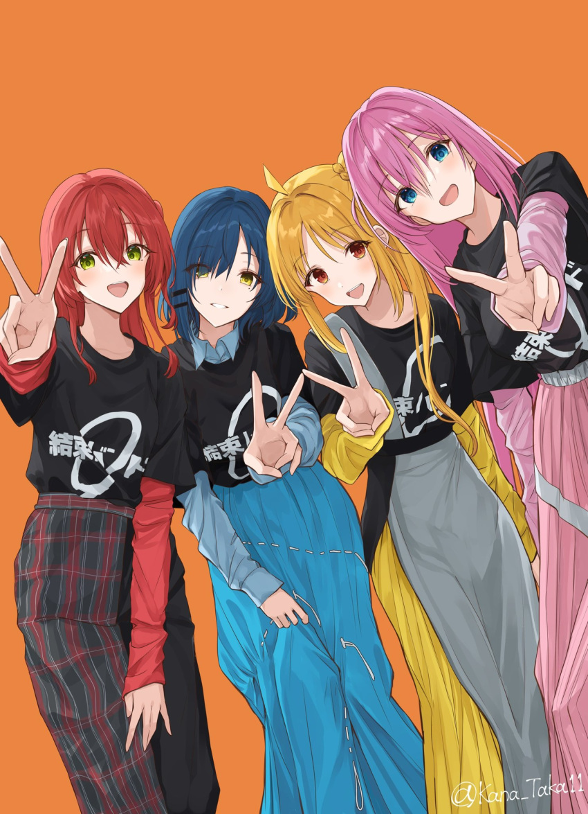 4girls :d ahoge alternate_costume arm_at_side black_shirt blonde_hair blue_eyes blue_hair blush bocchi_the_rock! commentary crossed_bangs eyelashes eyes_visible_through_hair foreshortening gotou_hitori hair_between_eyes hair_ornament hair_over_one_eye hairclip highres ijichi_nijika kanaria_hisagi kita_ikuyo long_hair long_skirt long_sleeves looking_at_viewer mole mole_under_eye multiple_girls one_side_up open_mouth orange_background outstretched_arm parted_bangs parted_lips pink_hair red_eyes red_hair round_teeth shirt short_hair short_sleeves side_ponytail sidelocks simple_background skirt smile standing teeth twitter_username upper_teeth_only v very_long_hair yamada_ryou yellow_eyes