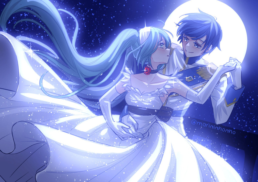 1boy 1girl aqua_eyes aqua_hair arms_around_waist backlighting bare_shoulders black_bow black_choker blue_eyes blue_hair blush bow breasts bridge cendrillon_(vocaloid) choker cinderella cleavage collarbone dancing dress elbow_gloves epaulettes floating_hair flower flower_choker full_moon gloves hands_on_another's_stomach hands_on_another's_waist hatsune_miku highres holding holding_weapon kaito_(vocaloid) long_hair marininho moon night night_sky parted_lips red_flower red_rose rose short_hair sky smile sparkle star_(sky) starry_sky suit very_long_hair vocaloid weapon white_dress white_gloves white_suit