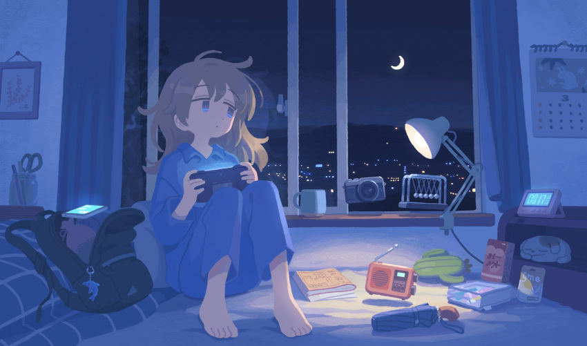 1girl alarm_clock backpack bag barefoot blue_eyes blue_pajamas camera cellphone clock closed_umbrella commentary_request crescent_moon cup curtains desk_lamp floating floating_object full_body handheld_game_console highres holding holding_handheld_game_console knees_up lamp light_brown_hair long_hair long_sleeves looking_outside messy_hair moon mug muji_(uimss) newton's_cradle night no_sclera on_bed open_window original pajamas phone radio raised_eyebrows sitting smartphone solo tareme umbrella window