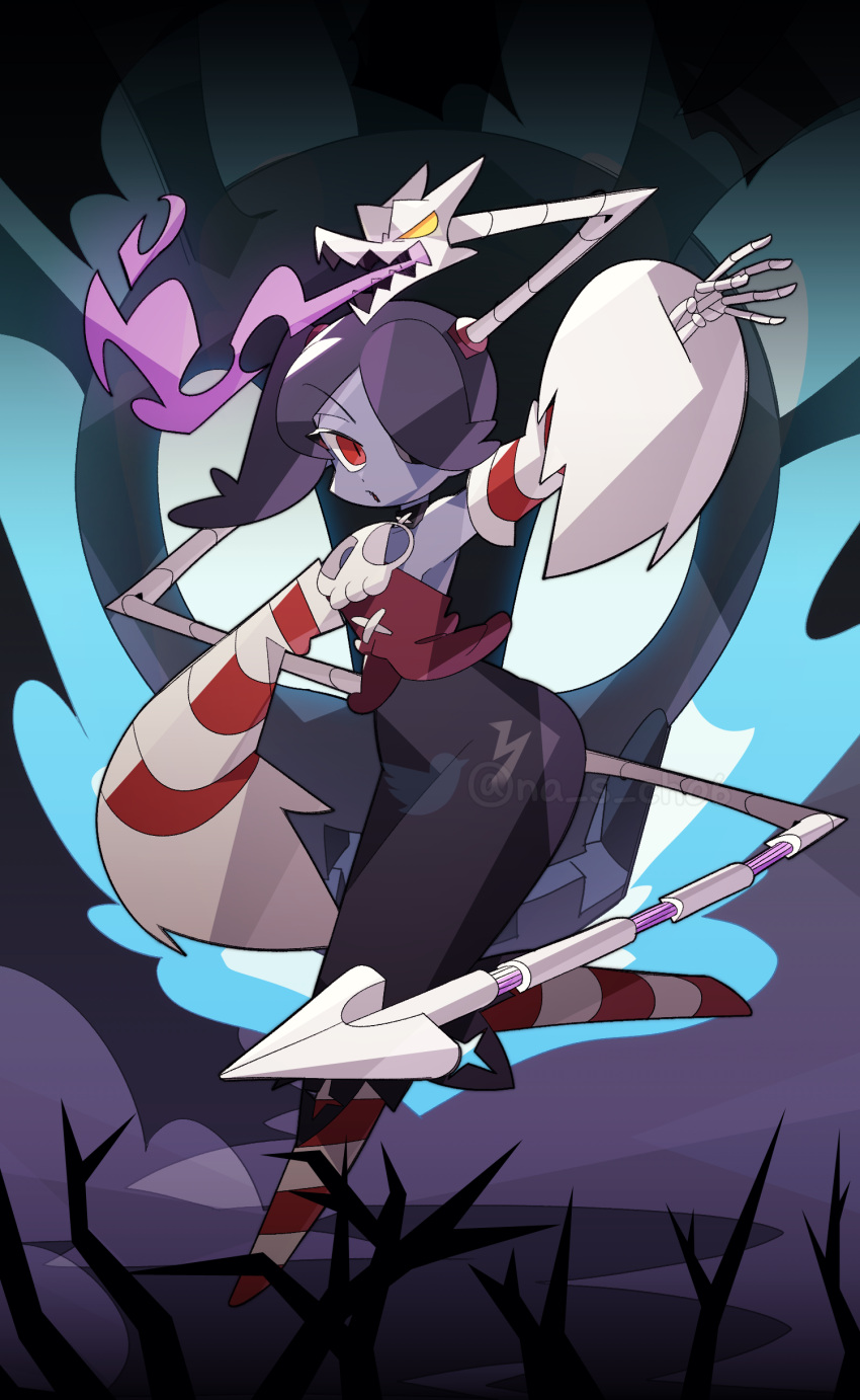 1girl :o absurdres bare_shoulders black_skirt blue_hair blue_skin bone breathing_fire colored_skin detached_collar detached_sleeves dress fire full_body hair_over_one_eye highres leviathan_(skullgirls) long_hair long_skirt long_sleeves no_shoes object_through_head outstretched_arms purple_fire red_dress red_eyes red_sleeves red_thighhighs side_ponytail skeletal_arm skirt skull skull_heart skullgirls slit_pupils solo squigly_(skullgirls) standing standing_on_one_leg stitched_mouth stitches striped striped_sleeves striped_thighhighs superuzit thighhighs twitter_username v-shaped_eyebrows white_sleeves white_thighhighs yellow_eyes zombie