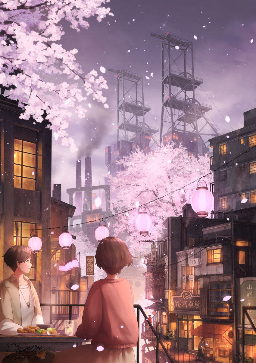 1boy 1girl brown_hair brown_jacket cherry_blossoms cityscape commentary_request cup dated drinking_glass food from_behind highres holding holding_cup jacket jewelry lantern necklace night open_clothes open_jacket original people petals pochi_(poti1990) pollution railing red_sweater scenery shirt short_hair sign signature spring_(season) sweater translation_request white_shirt wide_shot