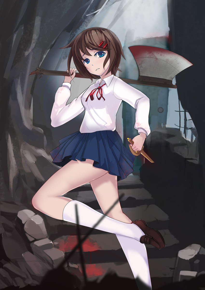 1girl axe battle_axe blood blood_on_clothes blood_on_weapon blue_eyes blue_skirt blurry blurry_foreground breasts broken brown_footwear brown_hair cave commentary dagger demonophobia depth_of_field door dress_shirt dual_wielding foot_up freedom_up from_side frown hair_ornament hairclip highres holding knee_up kneehighs knife kunikai_sakuri light_blush loafers long_sleeves looking_at_viewer looking_to_the_side miniskirt neck_ribbon over_shoulder parted_lips pleated_skirt puddle_of_blood raised_eyebrows red_ribbon reverse_grip ribbon ringed_eyes rock rubble running school_uniform shirt shoes short_hair skirt small_breasts socks solo stairs stone_floor stone_wall very_short_hair wall weapon weapon_over_shoulder white_shirt white_socks worried