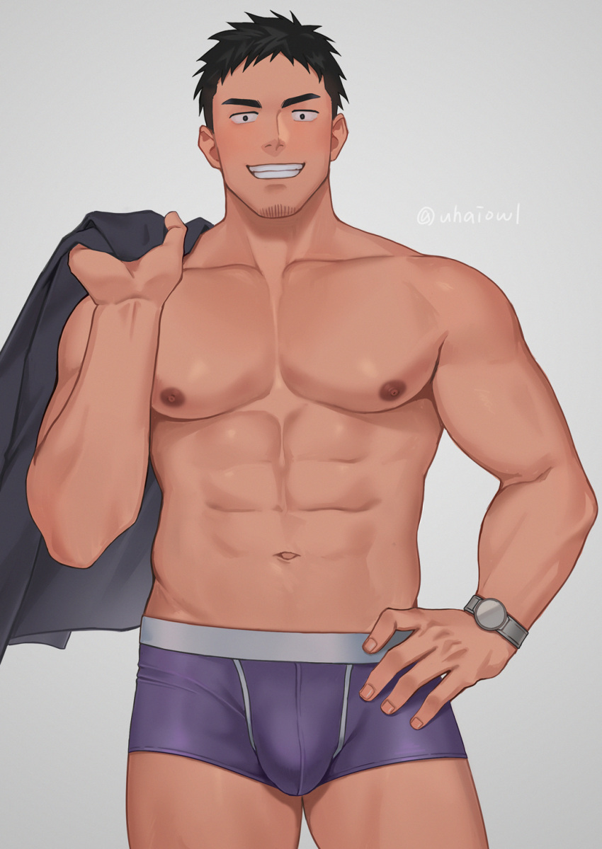 1boy :d abs artist_name bara black_hair black_jacket boxer_briefs bulge commentary_request contrapposto cowboy_shot crotch_seam facial_hair goatee goatee_stubble grin hand_on_own_hip hand_up highres holding holding_clothes holding_jacket jacket jacket_over_shoulder large_pectorals looking_at_viewer male_focus male_underwear muscular muscular_male navel nipples pectorals purple_male_underwear senpai_ga_uzai_kouhai_no_hanashi short_hair signature simple_background smile solo spiked_hair standing takeda_harumi_(shiromanta) thick_eyebrows twitter_username uhai underwear underwear_only unworn_jacket variant_set watch wristwatch