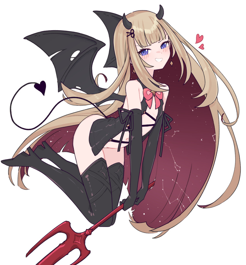 1girl absurdres amanogawa_shiina black_footwear black_gloves black_tail blonde_hair blush boots demon_girl demon_horns demon_tail demon_wings flat_chest gloves highres holding holding_pitchfork horns looking_at_viewer lyrinne phase_connect pitchfork purple_eyes scissors_hair_ornament starry_hair tail virtual_youtuber white_background wings