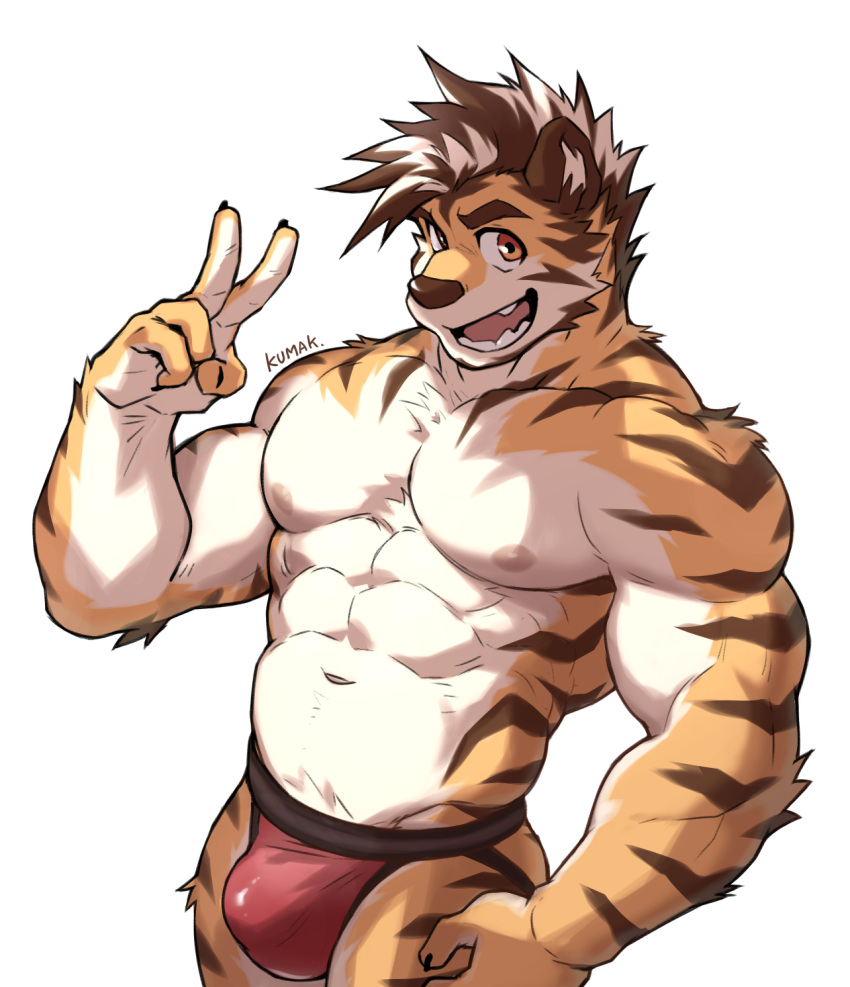 5_fingers abs anthro biceps black_claws bulge claws clothed clothing felid fingers fur hair hi_res jockstrap jockstrap_only kumak71395 looking_at_viewer male mammal multicolored_body multicolored_fur multicolored_hair muscular muscular_anthro muscular_male navel open_mouth orange_body orange_fur pantherine pecs red_clothing red_underwear striped_body striped_fur stripes teeth tiger tongue topless two_tone_hair underwear underwear_only