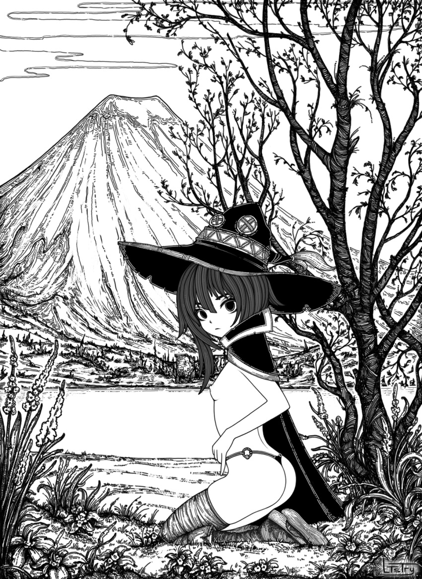 1girl ass asymmetrical_legwear bandaged_leg bandages black_cape black_panties breasts cape from_side greyscale hat highres kono_subarashii_sekai_ni_shukufuku_wo! lake long_hair looking_at_viewer ltstry megumin micro_panties monochrome mountain nipples o-ring o-ring_bottom o-ring_panties outdoors panties small_breasts solo string_panties underwear witch_hat