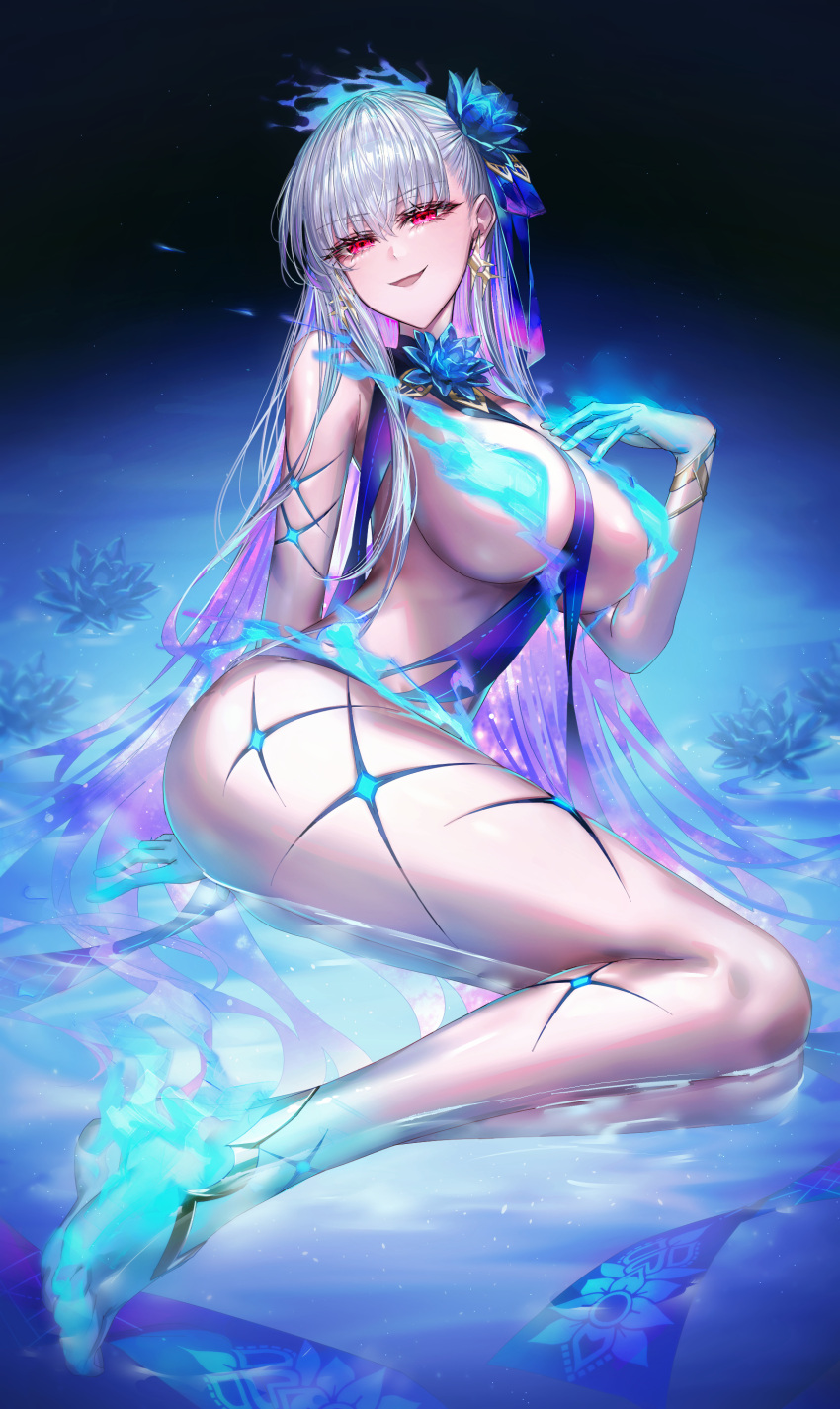 1girl absurdres akqne breasts colored_inner_hair commentary_request commission earrings fate/grand_order fate_(series) highres jewelry kama_(fate) kama_(third_ascension)_(fate) large_breasts long_hair looking_at_viewer multicolored_hair open_mouth purple_hair reclining red_eyes skeb_commission smile solo two-tone_hair very_long_hair white_hair