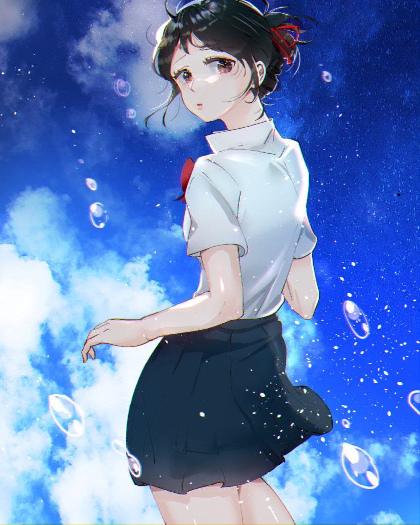 1girl black_hair blue_skirt blue_sky bow bowtie brown_eyes chromatic_aberration cloud collared_shirt commentary cowboy_shot english_commentary hair_ribbon highres kimi_no_na_wa. light_particles looking_at_viewer looking_back mixed-language_commentary miyamizu_mitsuha open_mouth pleated_skirt red_bow red_bowtie red_ribbon ribbon school_uniform shirt short_hair short_sleeves skirt sky solo tora_(chamssal) water_drop white_shirt