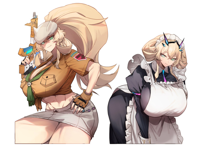 2girls abs absurdres apron barghest_(fate) barghest_(swimsuit_archer)_(fate) barghest_(swimsuit_archer)_(first_ascension)_(fate) black_dress blonde_hair breasts cleavage closed_mouth collared_dress crop_top dress dual_persona fate/grand_order fate_(series) fingerless_gloves gloves green_eyes grey_headwear grey_skirt gun hat heterochromia high_ponytail highres horns huge_breasts leaning_forward long_hair long_sleeves looking_at_viewer maid maid_headdress medium_hair midriff miniskirt multiple_girls muscular muscular_female navel neckerchief no-kan pencil_skirt red_eyes shirt short_sleeves sidelocks skirt smile thick_thighs thighs tied_shirt weapon white_apron white_gloves yellow_gloves yellow_shirt