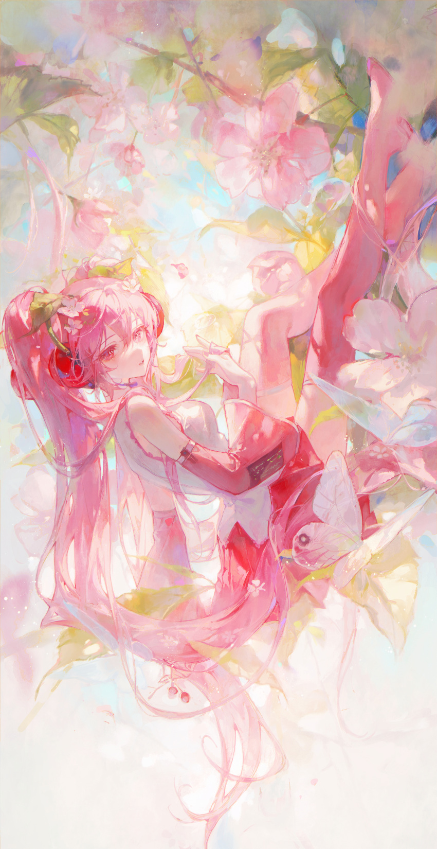 1girl absurdres alternate_color bangs bug butterfly cherry cherry_blossoms commentary_request detached_sleeves flower food from_side fruit full_body hair_flower hair_ornament hatsune_miku headphones headset highres holding holding_hair legs_up long_hair looking_at_viewer maccha_(mochancc) parted_lips pink_eyes pink_flower pink_footwear pink_hair pink_skirt pink_sleeves pink_theme pink_thighhighs sakura_miku shirt skirt sleeveless sleeveless_shirt solo thighhighs very_long_hair vocaloid white_shirt