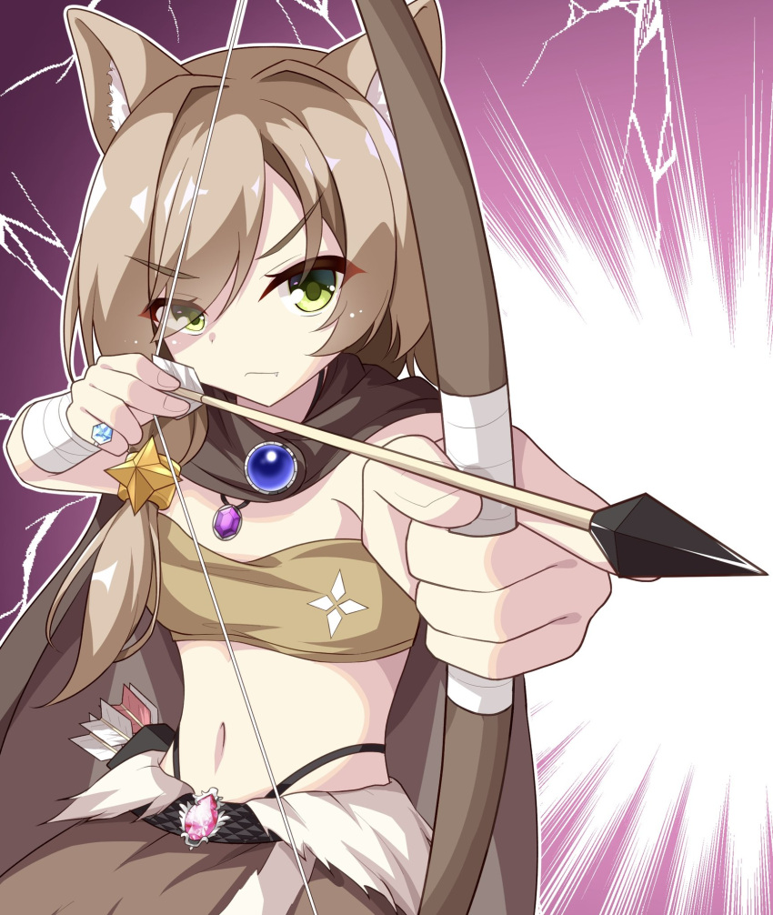 1girl alternate_costume animal_ear_fluff animal_ears arrow_(projectile) bandaged_arm bandages belt black_belt bow_(weapon) brown_cloak brown_skirt cloak closed_mouth commentary_request emphasis_lines eyes_visible_through_hair fang fingernails foreshortening gem green_eyes hair_between_eyes hair_ornament hands_up highres holding holding_bow_(weapon) holding_weapon jewelry long_hair looking_at_viewer mikuni_sairi navel necklace panties purple_background purple_gemstone ring serious sesen2000 simple_background skirt solo star_(symbol) star_hair_ornament stomach tail tenshi_souzou underwear upper_body upturned_eyes weapon white_fur white_panties wolf_ears wolf_girl wolf_tail