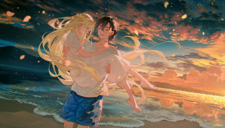1boy 1girl ajiro_shinpei barefoot beach black_hair blonde_hair blue_eyes blue_shorts carrying closed_eyes commentary_request dress hair_between_eyes hairdressing hand_on_another's_shoulder hetero highres kofune_ushio long_hair looking_at_another open_mouth orange_clouds outdoors princess_carry shirt short_hair shorts summertime_render sunset tidsean very_long_hair white_dress white_shirt