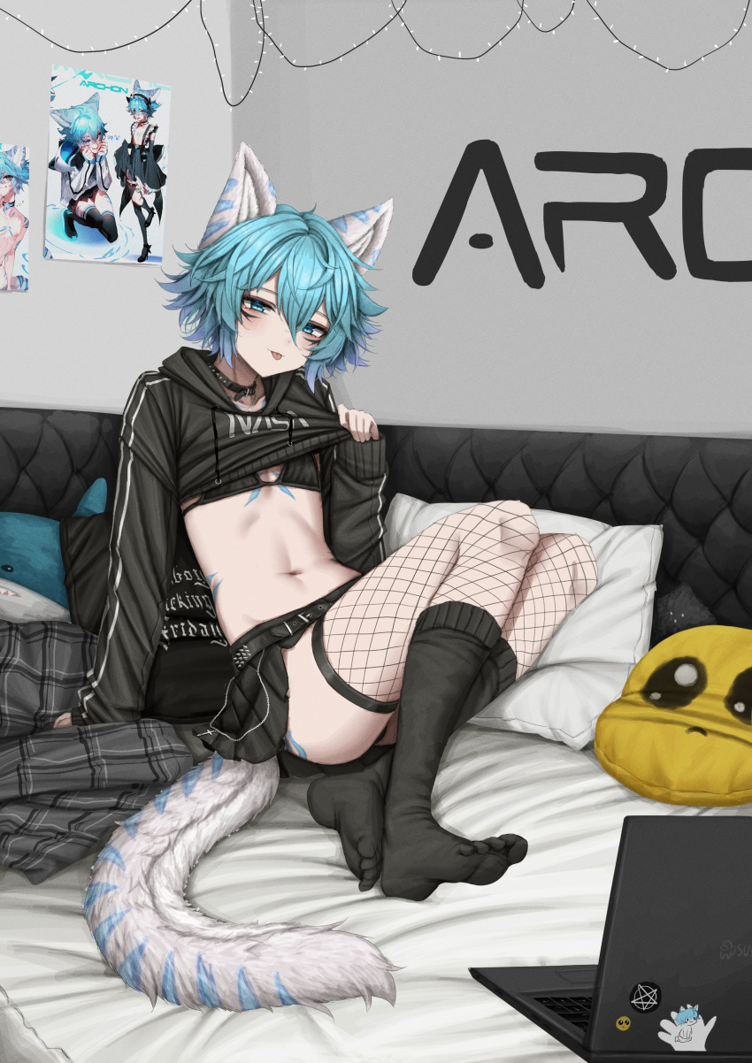 1boy :p absurdres animal_ears archon_eclipse bikini bikini_top_only black_bikini black_choker black_skirt black_socks blue_eyes blue_hair body_markings choker christmas_lights christmas_ornaments clothes_lift computer emoji fishnet_thighhighs fishnets highres ikea_shark indie_virtual_youtuber laptop leopard_boy leopard_ears leopard_tail lifted_by_self lobsteranian long_sleeves looking_at_viewer male_focus marking_on_cheek navel otoko_no_ko pillow pleading_face_emoji poster_(object) shirt_lift short_hair sitting skirt snow_leopard socks spotted_tail stuffed_animal stuffed_shark stuffed_toy swimsuit tail thighhighs tongue tongue_out virtual_youtuber