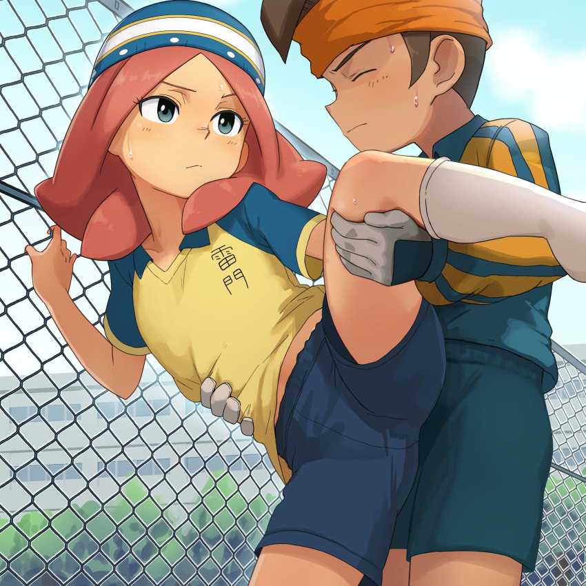 1boy 1girl absurdres beyon_(beyon1710) blue_eyes blue_sky brown_hair building chain-link_fence closed_eyes endou_mamoru fence gloves goalkeeper hat headband highres holding_another's_leg inazuma_eleven inazuma_eleven_(series) leg_up pink_hair raglan_sleeves raimon raimon_soccer_uniform school_uniform shorts sky soccer_uniform socks sportswear standing standing_on_one_leg sweatdrop tree white_socks zaizen_touko