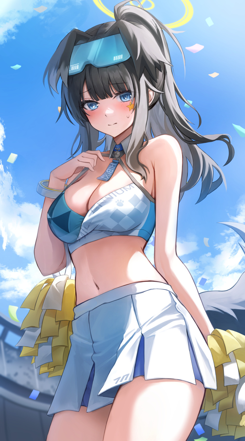 1girl absurdres animal_ears bare_shoulders black_hair blue_archive blue_eyes blue_sky blurry blush breasts cheerleader cleavage cowboy_shot crop_top day depth_of_field dog_ears dog_girl dog_tail goggles goggles_on_head hibiki_(blue_archive) hibiki_(cheerleader)_(blue_archive) highres holding holding_pom_poms langmal looking_at_viewer medium_breasts navel official_alternate_costume pom_pom_(cheerleading) sidelocks skirt sky solo star_sticker sticker_on_face tail thighs yellow_halo