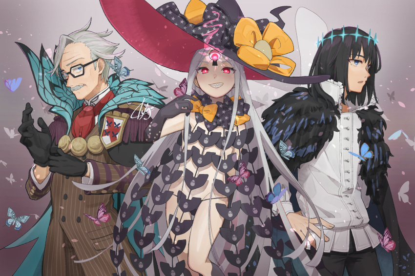 1girl 2boys abigail_williams_(fate) abigail_williams_(third_ascension)_(fate) absurdres black_cape black_gloves black_hair black_panties blue_eyes bow bug butterfly cape cowboy_shot diamond_hairband dragonfly_wings facial_hair fate/grand_order fate_(series) formal fur-trimmed_cape fur_trim glasses gloves grey_background grey_hair grin hat highres insect_wings james_moriarty_(archer)_(fate) keyhole kyojo128 large_hat long_hair long_sleeves looking_at_viewer multiple_boys mustache oberon_(fate) oberon_(third_ascension)_(fate) old old_man orange_bow pale_skin panties polka_dot polka_dot_bow red_eyes revealing_clothes sharp_teeth shirt short_hair smile suit teeth third_eye underwear very_long_hair white_shirt wings witch_hat