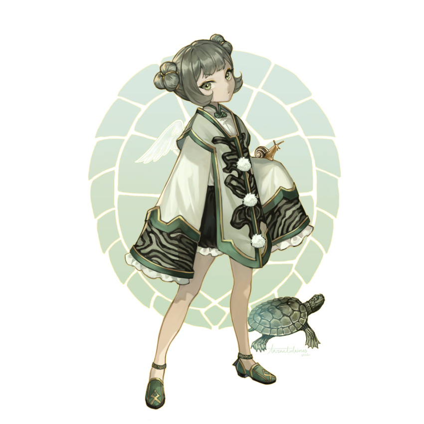 1girl angel_wings animal animal_on_hand artist_name black_skirt chinese_clothes collared_shirt double_bun frilled_sleeves frills full_body green_eyes green_footwear green_hair grey_hair hair_bun highres legs_apart looking_at_viewer miniskirt original personification pom_pom_(clothes) shirt shoes sidelocks signature skirt sleeves_past_fingers sleeves_past_wrists standing tabard tarantulaines toggles tortoise transparent_wings turtle updo white_shirt white_wings wide_sleeves wings