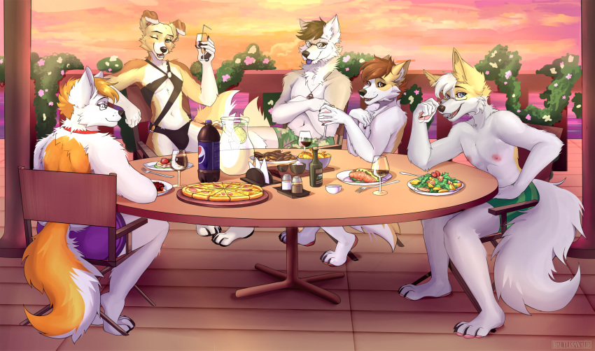 beverage clothing daven_(dado463art) dining_table eyewear food glasses group hi_res jewelry krank_(character) lang_(lang_the_woof) male necklace pizza round_table sabbyth salad soda swimwear vacation zelionka