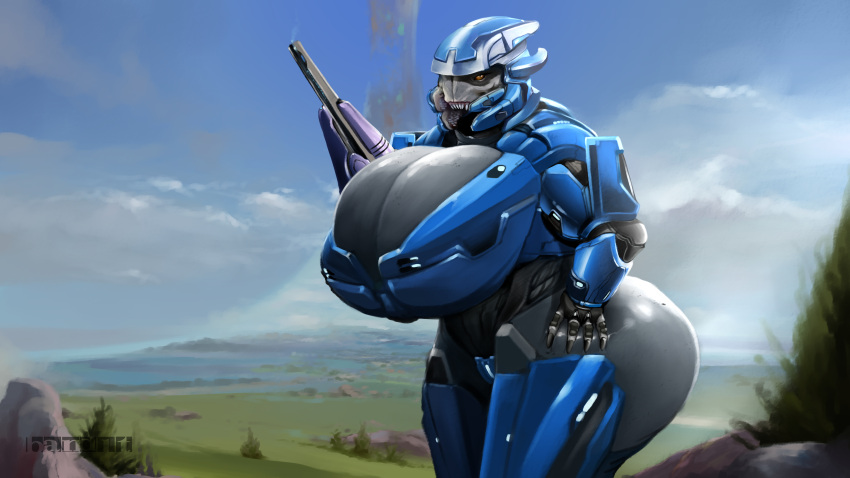 16:9 absurd_res alien anthro armor band1tnsfw big_breasts big_butt blue_armor blue_clothing breasts butt clothing cloud digital_drawing_(artwork) digital_media_(artwork) digital_painting_(artwork) female female_focus gun halo_(series) halo_ring hi_res leg_grab microsoft orange_eyes outside overweight overweight_female pinup pose ranged_weapon rifle sangheili solo thick_thighs thigh_grab weapon widescreen xbox_game_studios