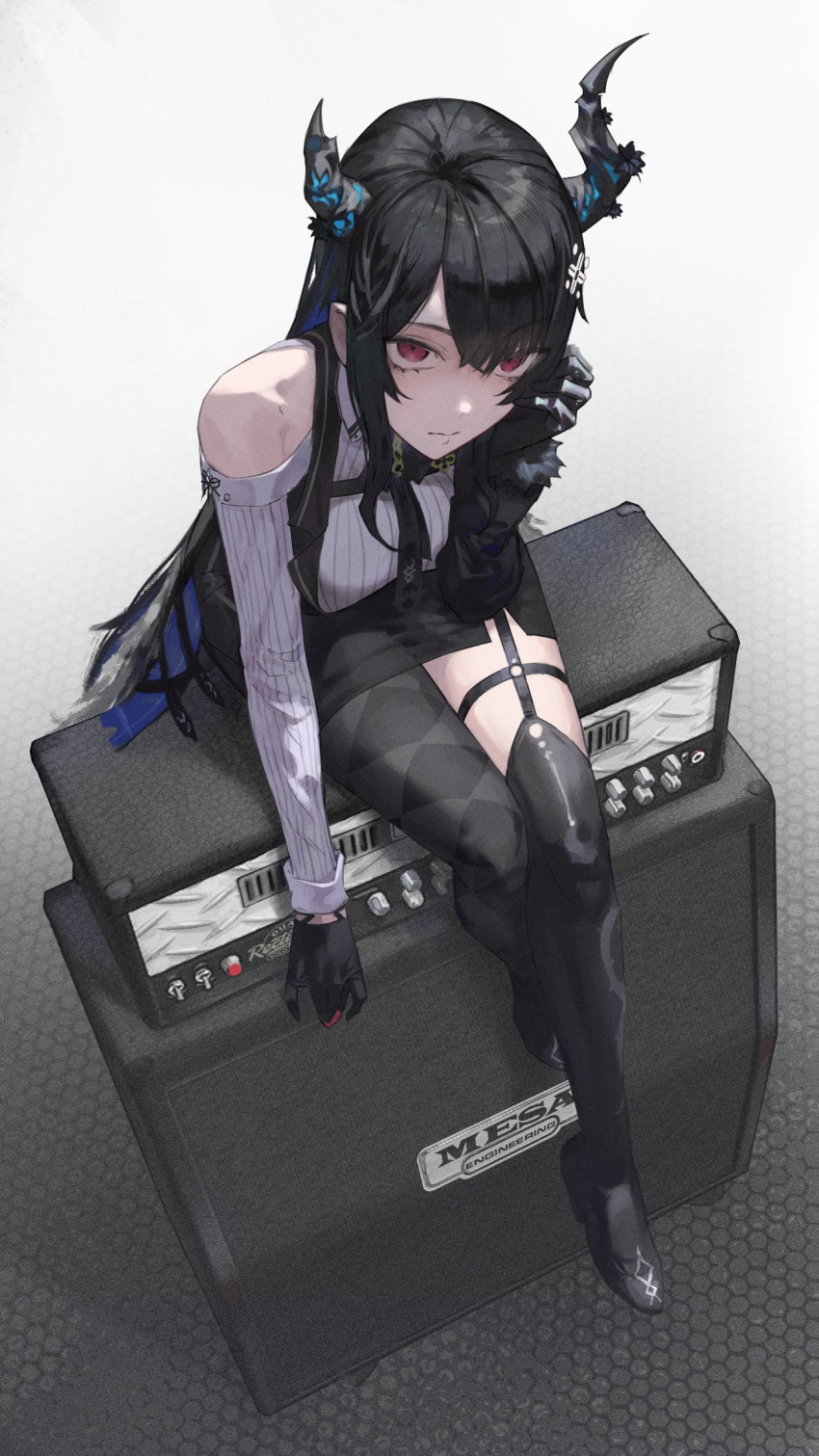 1girl amplifier argyle argyle_legwear asymmetrical_horns asymmetrical_legwear black_footwear black_gloves black_hair black_horns black_skirt black_thighhighs blue_hair chest_belt closed_mouth clothing_cutout colored_inner_hair commentary demon_horns expressionless from_above garter_straps gloves hand_on_own_face hexagon_print highres hololive hololive_english horns long_hair long_sleeves looking_ahead looking_up multicolored_hair nerissa_ravencroft parted_bangs pencil_skirt red_eyes reon_(98109reon) ribbed_shirt shirt shoulder_cutout sitting sitting_on_object skirt solo symbol-only_commentary thighhighs two-tone_hair uneven_horns virtual_youtuber white_shirt