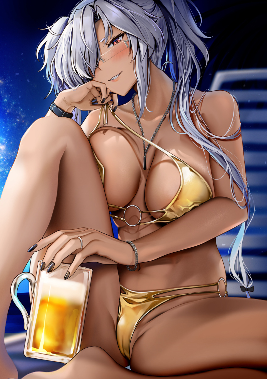 1girl alternate_costume bare_shoulders barefoot beach_chair beer_mug bikini black_nails blurry blurry_background blush bracelet breast_press breasts breasts_apart brown_eyes cameltoe collarbone commentary_request cup dark-skinned_female dark_skin glasses gold_bikini grey_hair groin hair_over_one_eye highres holding holding_cup jewelry kantai_collection knee_up large_breasts long_hair looking_at_viewer mug musashi_(kancolle) navel necklace night night_sky o-ring o-ring_bikini outdoors panties parted_lips ring semi-rimless_eyewear sitting sky smile solo spaghetti_strap spread_legs star_(sky) starry_sky swimsuit twintails underwear untied untied_bikini wedding_ring yunamaro