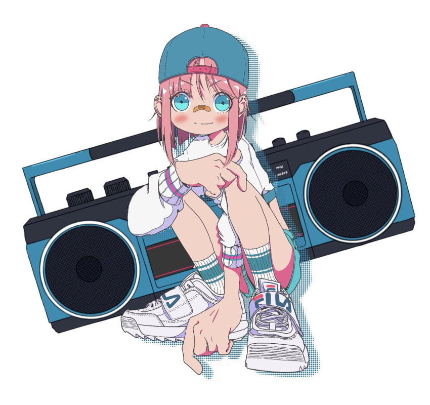 1girl aqua_eyes aqua_shorts arm_between_legs backwards_hat bandaid bandaid_on_face bandaid_on_nose baseball_cap blue_headwear blush boombox closed_mouth cropped_sweater drop_shadow fila full_body hat highres long_sleeves looking_at_viewer medium_hair nao97122 original pink_hair ribbed_socks shoes short_shorts shorts simple_background smile sneakers socks solo squatting sweater white_background white_footwear white_socks white_sweater