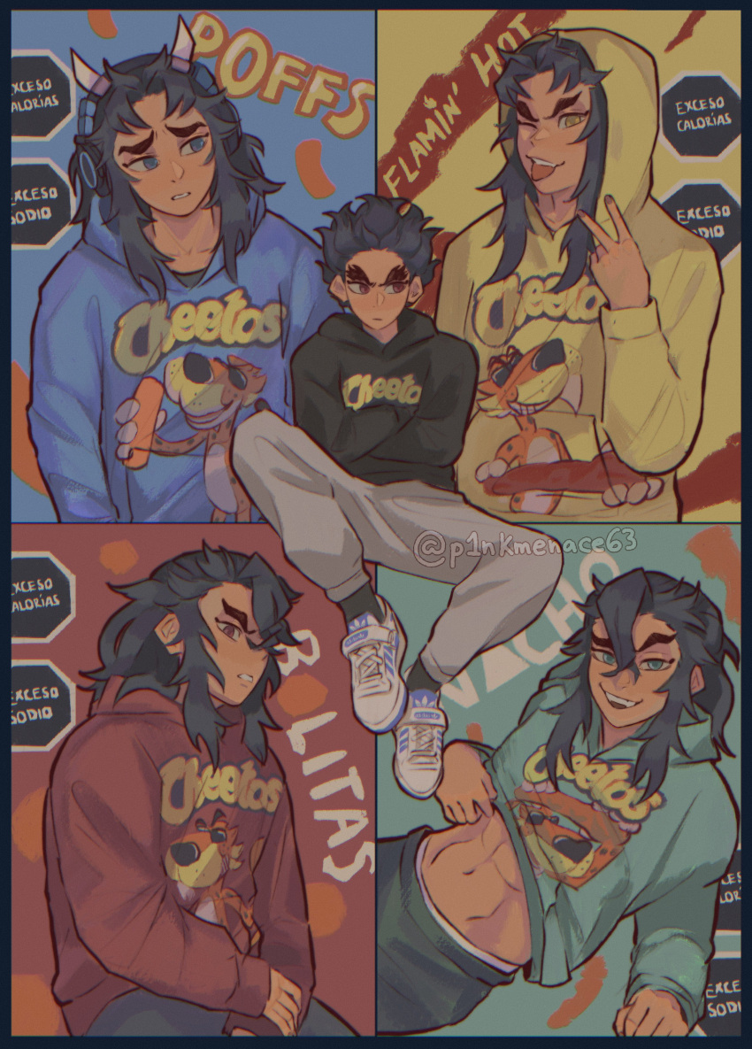 4boys abs absurdres aizetsu_(kimetsu_no_yaiba) artist_name black_hair black_hoodie black_socks blue_background blue_hoodie cheetos chester_cheetah closed_mouth clothes_lift contemporary dark-skinned_male dark_skin english_commentary furrowed_brow green_background grey_pants hand_up headphones highres hood hood_down hoodie hoodie_lift humanization karaku_(kimetsu_no_yaiba) kimetsu_no_yaiba lifted_by_self long_hair long_sleeves looking_at_viewer looking_to_the_side male_focus multicolored_background multiple_boys muted_color naughty_face p1nkmenace63 pants raised_eyebrow red_background red_hoodie sekido_(kimetsu_no_yaiba) shirt_lift shoes short_hair sitting sleeves_past_wrists sneakers socks spanish_text thick_eyebrows toned toned_male tongue tongue_out twitter_username urogi_(kimetsu_no_yaiba) v white_footwear yellow_background yellow_eyes yellow_hoodie zohakuten_(kimetsu_no_yaiba)