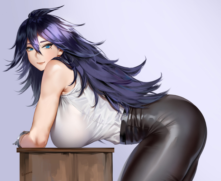 1girl arm_rest armpit_crease artist_name bare_shoulders bent_over black_hair black_pants blue_eyes boku_no_hero_academia breasts cuffs curvy desk easonx from_side hair_between_eyes hair_over_shoulder hanging_breasts large_breasts leaning_on_object long_hair looking_at_viewer midnight_(boku_no_hero_academia) mole mole_under_eye pants shirt shirt_tucked_in sleeveless sleeveless_shirt smile solo thick_thighs thighs tight_clothes tight_pants white_shirt