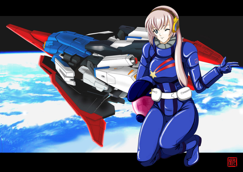 1girl belt blue_bodysuit blue_eyes blue_headwear bodysuit cosplay earth_(planet) finger_gun geitassha gundam gundam_zz headphones headwear_removed helmet helmet_removed holding holding_helmet letterboxed looking_at_viewer mecha megurine_luka mobile_suit name_connection normal_suit one_eye_closed outside_border pilot_suit pink_hair planet robot roux_louka roux_louka_(cosplay) smile solo v vocaloid white_belt zeta_gundam_(mobile_suit)