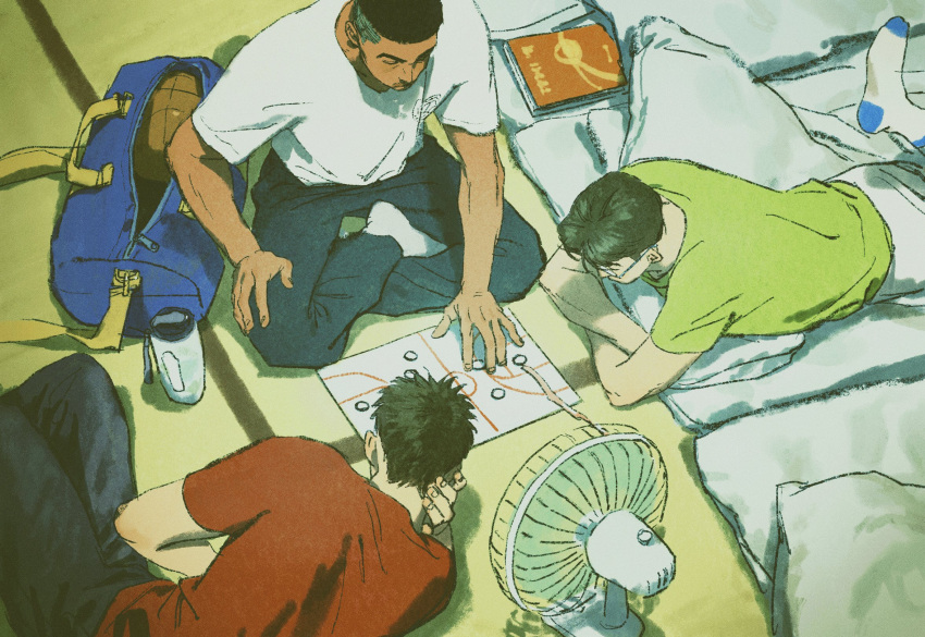 3boys akagi_takenori bag ball basketball_(object) black_hair black_pants book bottle buzz_cut chengongzi123 crossed_arms dark-skinned_male dark_skin duffel_bag electric_fan feet_out_of_frame full_body futon glasses green_shirt highres indoors kogure_kiminobu lying male_focus mitsui_hisashi multiple_boys on_bed on_floor on_stomach pants pillow red_shirt shirt short_hair sitting slam_dunk_(series) undercut very_short_hair water_bottle white_shirt