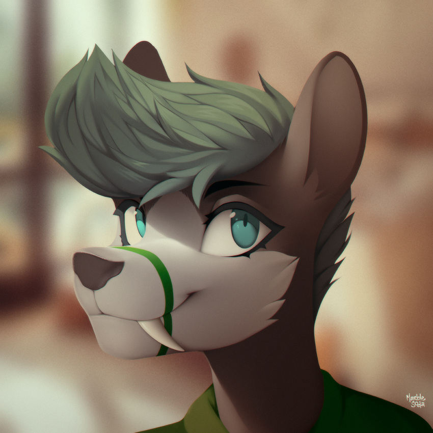 1:1 2023 anthro artist_name blue_eyes blurred_background clothing digital_media_(artwork) eyebrows eyelashes fangs fur green_clothing green_hair green_shirt green_topwear grey_body grey_fur hair hi_res icon male mammal marblesoda sabertooth_(anatomy) shaded shirt solo teeth topwear