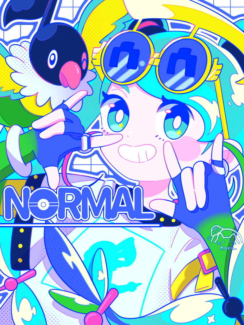 1girl 8ra_jelly \m/ animal_print bird bird_print black_gloves blue_eyes blue_hair chatot fingerless_gloves gloves hatsune_miku highres long_hair looking_at_viewer normal_miku_(project_voltage) pokemon pokemon_(creature) project_voltage shirt solo twintails very_long_hair vocaloid white_shirt