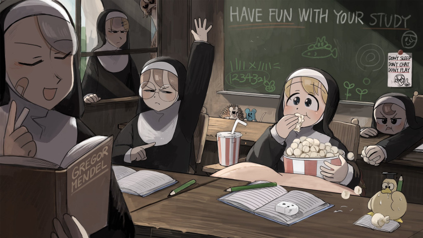 5girls arm_up bandaid bandaid_on_face bird blonde_hair blue_eyes book brown_hair catholic chalkboard chicken classroom closed_eyes clumsy_nun_(diva) diva_(hyxpk) duck duckling eating english_commentary food froggy_nun_(diva) glasses glasses_nun_(diva) grey_hair habit hat hedgehog highres holding holding_book leaf_nun_(diva) little_nuns_(diva) mortarboard mouse multiple_girls nun ostrich pencil popcorn round_eyewear strict_nun_(diva) traditional_nun