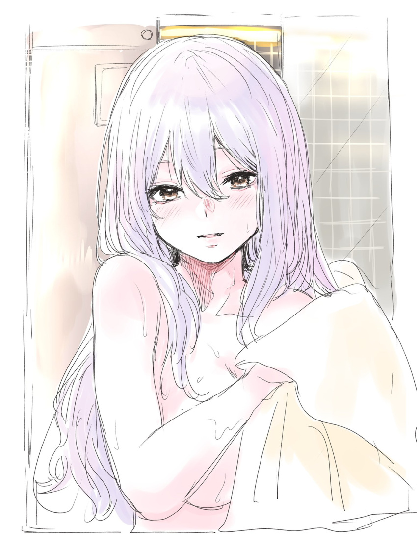 1girl blush breasts drying drying_body goddess_of_victory:_nikke grey_hair hair_between_eyes highres holding holding_towel indoors long_hair looking_at_viewer medium_breasts nude nuko609 parted_lips scarlet_(nikke) sketch solo towel wet yellow_eyes