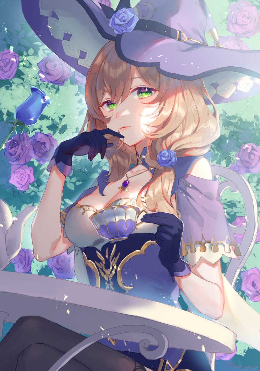 1girl absurdres bellflower breasts brown_hair cleavage cleavage_cutout clothing_cutout cup detached_sleeves dress flower genshin_impact gloves green_eyes harushio hat hat_flower highres holding holding_cup jewelry large_breasts lisa_(genshin_impact) looking_at_viewer necklace purple_flower rose sitting smile solo teacup thighhighs witch_hat