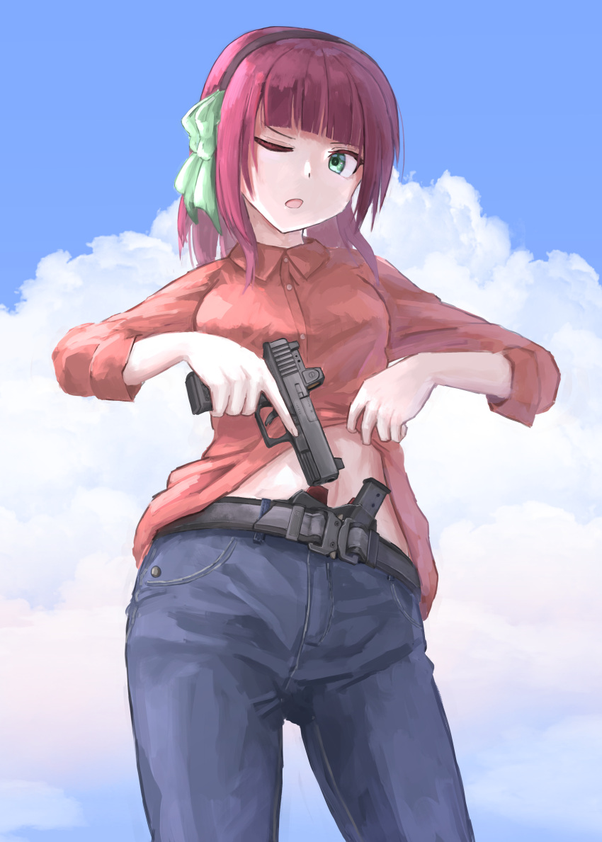 1girl absurdres alternate_costume angel_beats! black_hairband bow casual clothes_lift cloud commentary_request commission cowboy_shot d-sawa613 day denim dress_shirt from_below glock green_bow green_eyes gun gunbelt hair_bow hairband handgun hands_up highres holding holding_gun holding_weapon jeans lifted_by_self looking_at_viewer medium_hair nakamura_yuri one_eye_closed open_mouth outdoors pants purple_hair red_shirt shirt shirt_lift skeb_commission solo standing stomach straight_hair v-shaped_eyebrows weapon