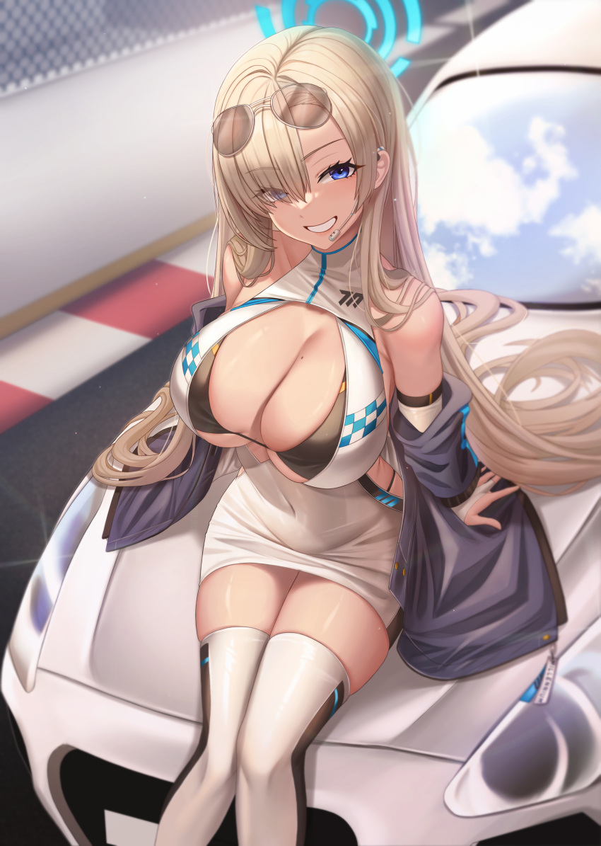 1girl absurdres asuna_(blue_archive) bare_shoulders black_bra blue_archive blue_eyes blush bra breasts cleavage covered_navel dress epko eyewear_on_head hair_over_one_eye halo highres huge_breasts jacket long_hair looking_at_viewer mole mole_on_breast race_queen race_vehicle smile solo thighhighs turtleneck_dress underwear very_long_hair