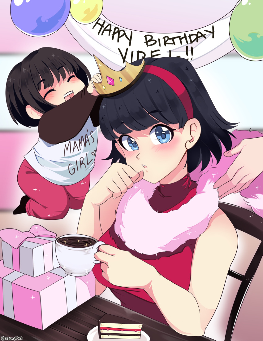 1other 2girls balloon black_hair blue_eyes blush breasts cake chair child commentary cup dragon_ball dragon_ball_super dragon_ball_super_super_hero english_commentary female_child floating food fur_scarf hairband happy_birthday highres holding holding_cup medium_breasts medium_hair mother_and_daughter multiple_girls pan_(dragon_ball) puffphox red_hairband signature sleeveless sleeveless_turtleneck table teacup tiara turtleneck videl