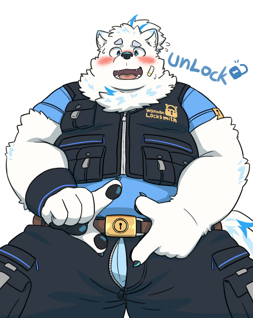 absurd_res anthro belly belt blush bottomwear bulge canid canine canis clothed clothing domestic_dog eyebrows fur hi_res lifewonders live_a_hero lock male mammal nordic_sled_dog open_bottomwear open_clothing open_pants overweight padlock pants pawpads reddo12340 samoyed solo spitz thick_eyebrows topwear underwear vest white_body white_fur yohack