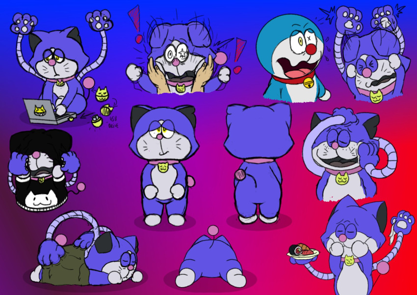 2023 anthro bedding bell bell_collar black_clothing black_sweater black_topwear blanket blue_body blue_ears clothing collar computer digital_media_(artwork) domestic_cat doraemon doraemon_(character) duo earless ears_down eating eating_food exclamation_point eyes_closed fan_character featureless_crotch felid feline felis food front_view grey_body half-closed_eyes hand_on_back hand_on_cheek hand_on_head hi_res holding_food holding_object holding_plate laptop looking_pleasured lying lying_on_ground machine male mammal massage mechanical_arm multi_arm multi_limb multicolored_body multicolored_clothing multicolored_topwear multiple_angles narrowed_eyes nekoni on_front on_ground pink_collar pink_nose pink_tail pivoted_ears plate rear_view red_collar red_nose robot shaiemon_(nekoni) sitting sitting_on_ground standing star_eyes surprise surprised_expression sushi sweater tail three-quarter_view tissue tongue topwear two_tone_body two_tone_clothing two_tone_topwear usb whiskers white_clothing white_sweater white_topwear yellow_eyes