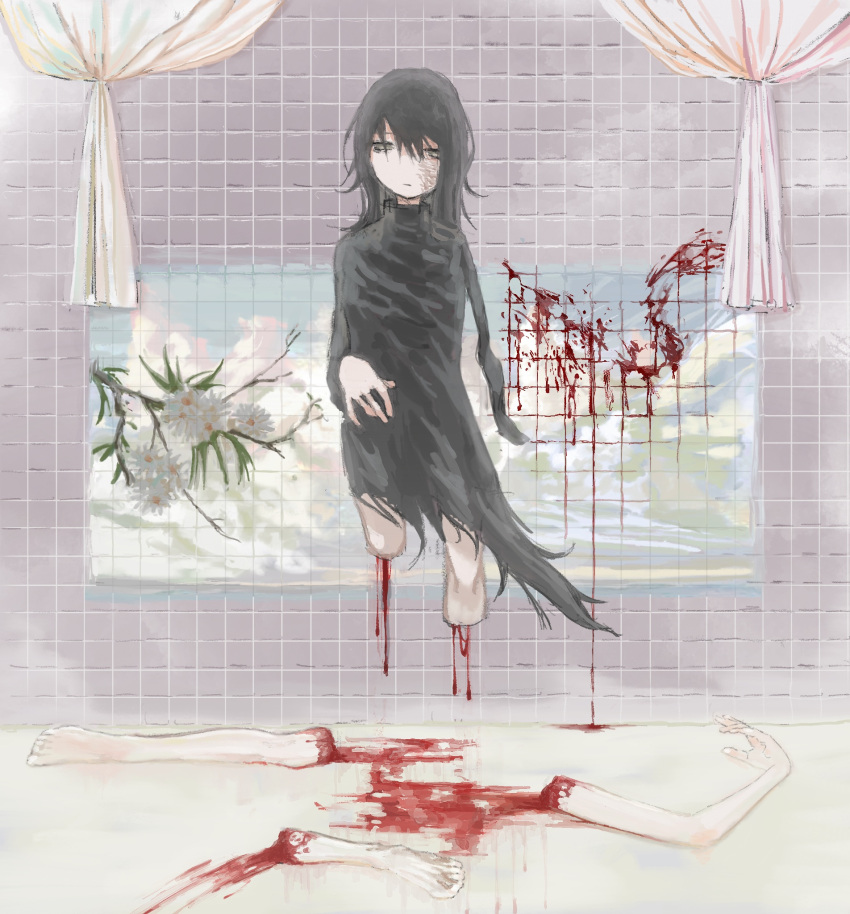 1girl amputee barefoot black_dress black_hair blood blood_on_wall brutal_vap burn_scar closed_mouth commentary commission curtains dress dripping english_commentary floating grey_eyes half-closed_eyes highres long_hair long_sleeves mosaic_art original pool_of_blood scar scar_on_face severed_limb skeb_commission solo surreal tile_wall tiles torn_clothes torn_dress triple_amputee turtleneck wide_shot