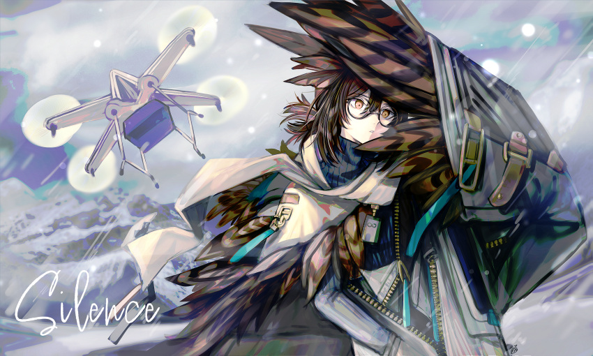 1girl absurdres arknights bird_girl brown_hair drone feather_hair feathers glasses highres id_card mountainous_horizon orange_eyes outdoors owl_ears owl_girl rhine_lab_(arknights) rhine_lab_logo silence_(arknights) snow solo winged_arms wings