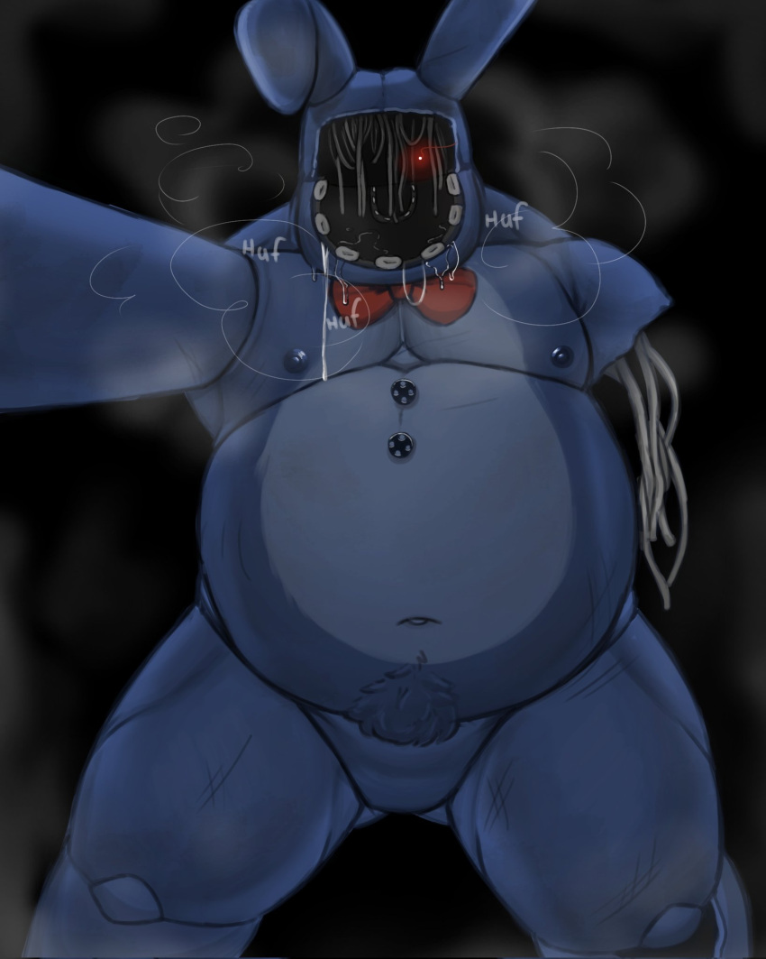 2023 animatronic anthony_milko anthro areola belly big_belly blue_body blue_fur bodily_fluids bow_tie breath bulge butt butt_from_the_front digital_media_(artwork) drooling first_person_view five_nights_at_freddy's five_nights_at_freddy's_2 fur hi_res lagomorph leporid machine male mammal missing_arm moobs musk navel nipples on_top overweight overweight_anthro overweight_male pubes rabbit robot saliva scottgames solo submissive submissive_pov teeth thick_thighs withered_bonnie_(fnaf)