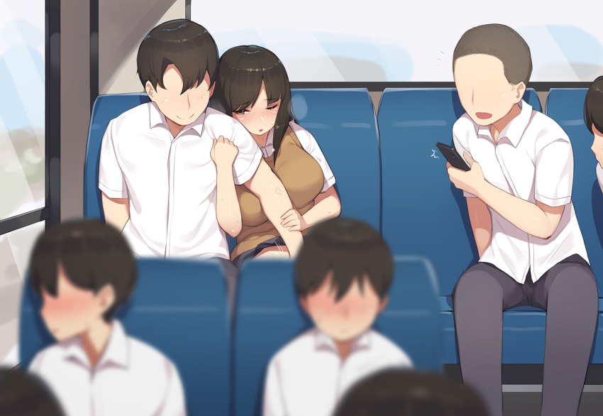 1girl 6+boys arm_grab blush breasts breath brown_eyes brown_vest bus bus_interior cellphone closed_mouth collared_shirt fingering heavy_breathing holding holding_phone indoors large_breasts looking_at_another motor_vehicle multiple_boys no_eyes one_eye_closed open_mouth original pants pepper0 phone public_indecency school_uniform shirt sitting skirt smartphone smile vest white_shirt