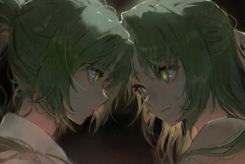 2girls bsgkstnals03 closed_mouth expressionless furrowed_brow gradient_background green_eyes green_hair hair_between_eyes highres higurashi_no_naku_koro_ni long_hair looking_at_another multiple_girls ponytail portrait siblings sidelocks simple_background sisters sonozaki_mion sonozaki_shion twins