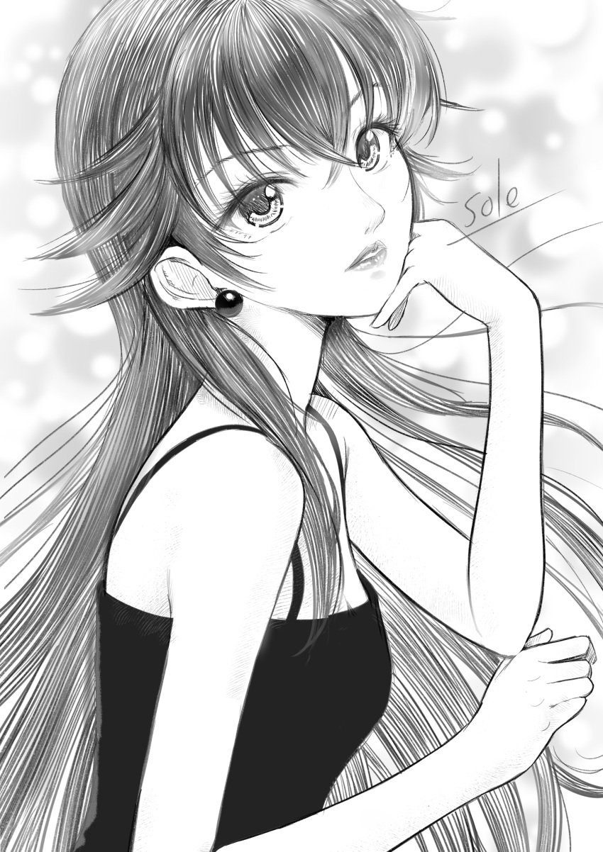 1girl akira_ferrari aria bare_shoulders breasts cleavage commentary_request crossed_bangs dress earrings eyelashes from_side greyscale hands_up head_tilt highres jewelry lips long_hair looking_at_viewer monochrome parted_lips sidelocks sketch sleeveless sleeveless_dress small_breasts solo telaform upper_body